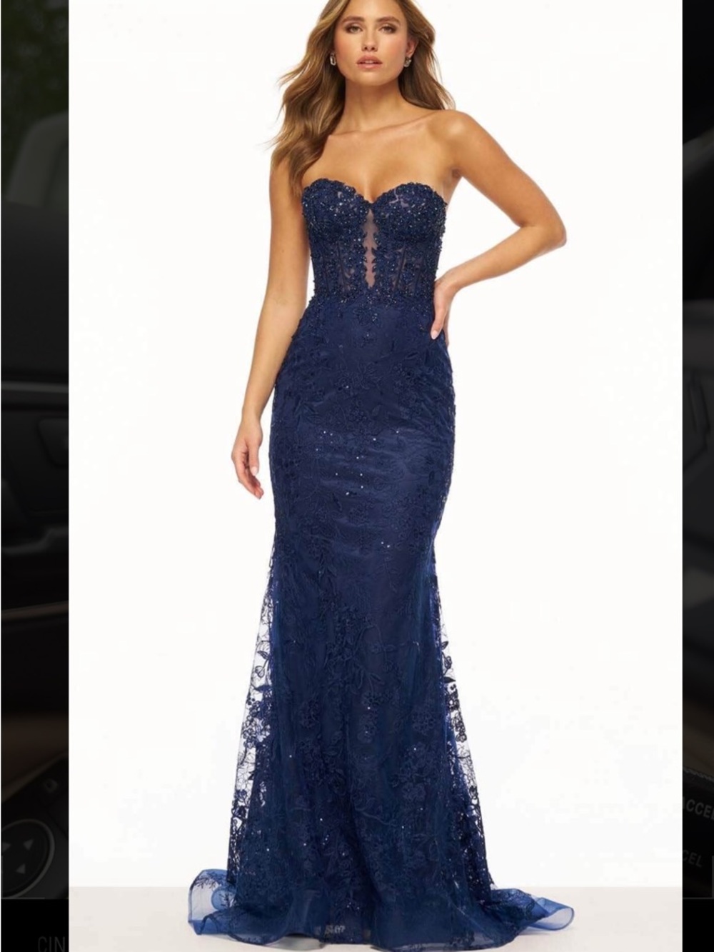 Strapless Navy Lace Sequin Mermaid Gown